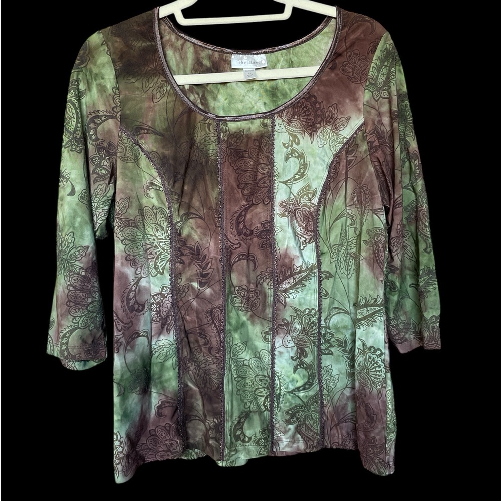 dressbarn Green and Brown Floral Blouse 3/4 Sleeve